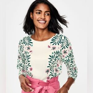Boden Larissa floral blouse in white, pink, and green viscose.
